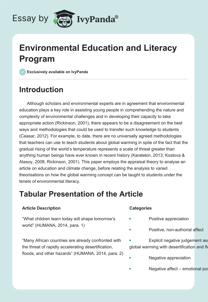 Environmental Education and Literacy Program. Page 1