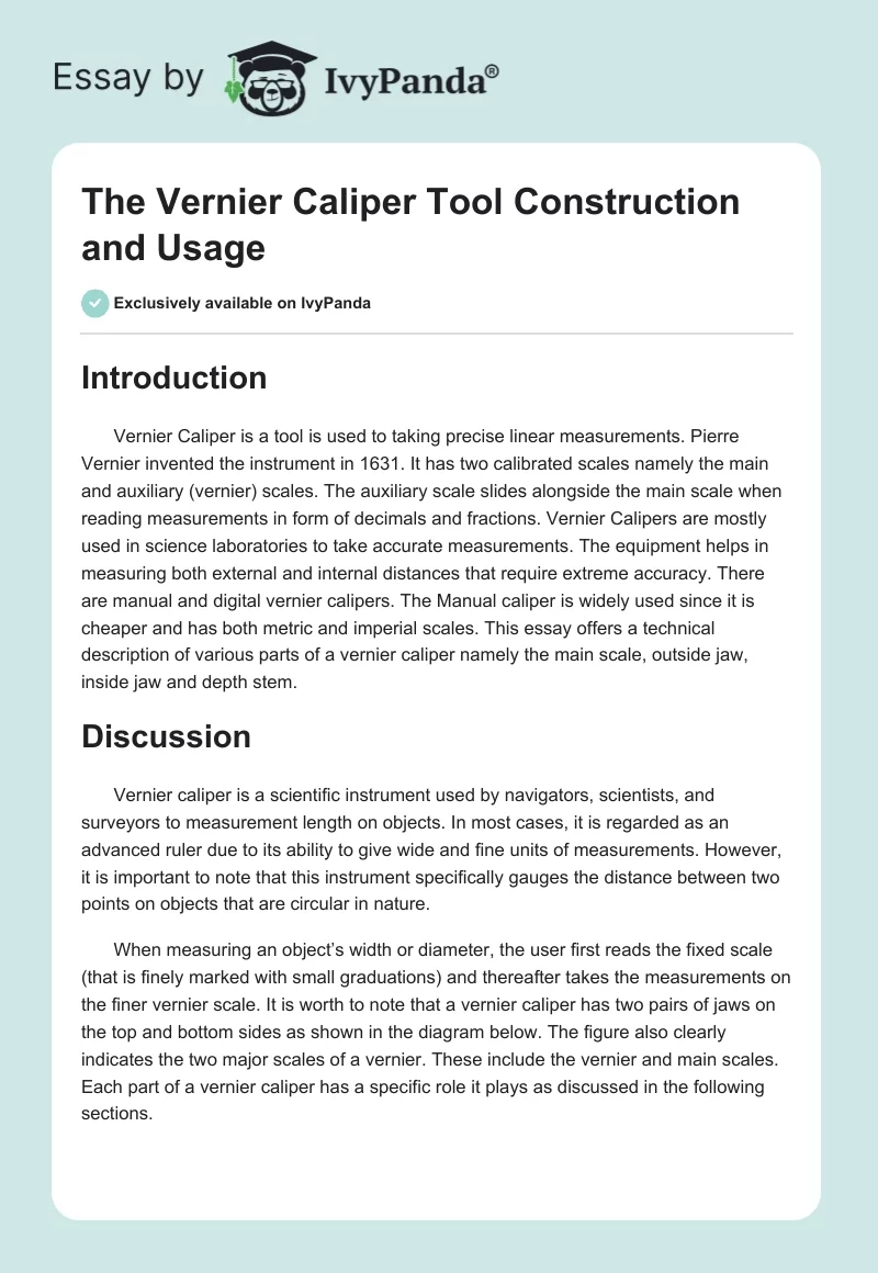 The Vernier Caliper Tool Construction and Usage. Page 1