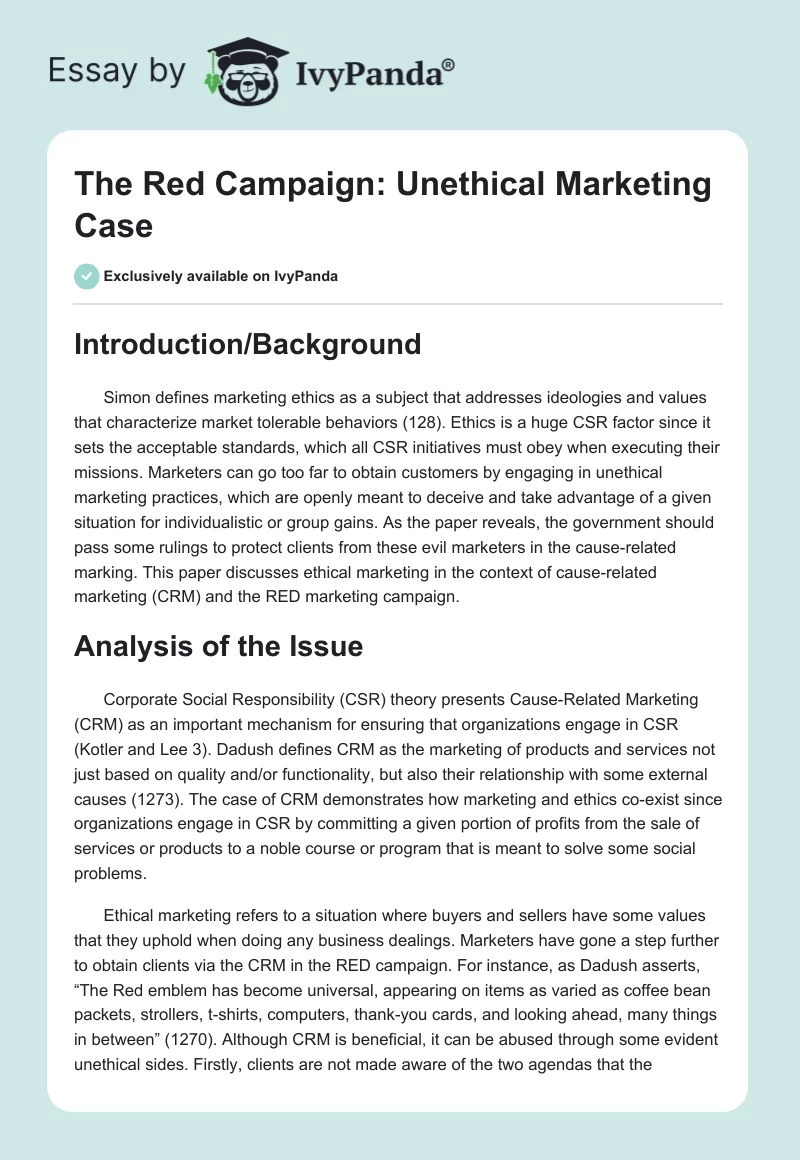 The Red Campaign: Unethical Marketing Case. Page 1