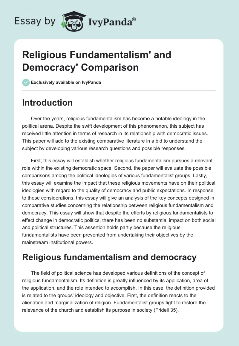 Religious Fundamentalism' and Democracy' Comparison. Page 1