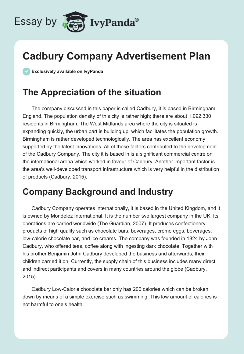 Cadbury Company Advertisement Plan. Page 1