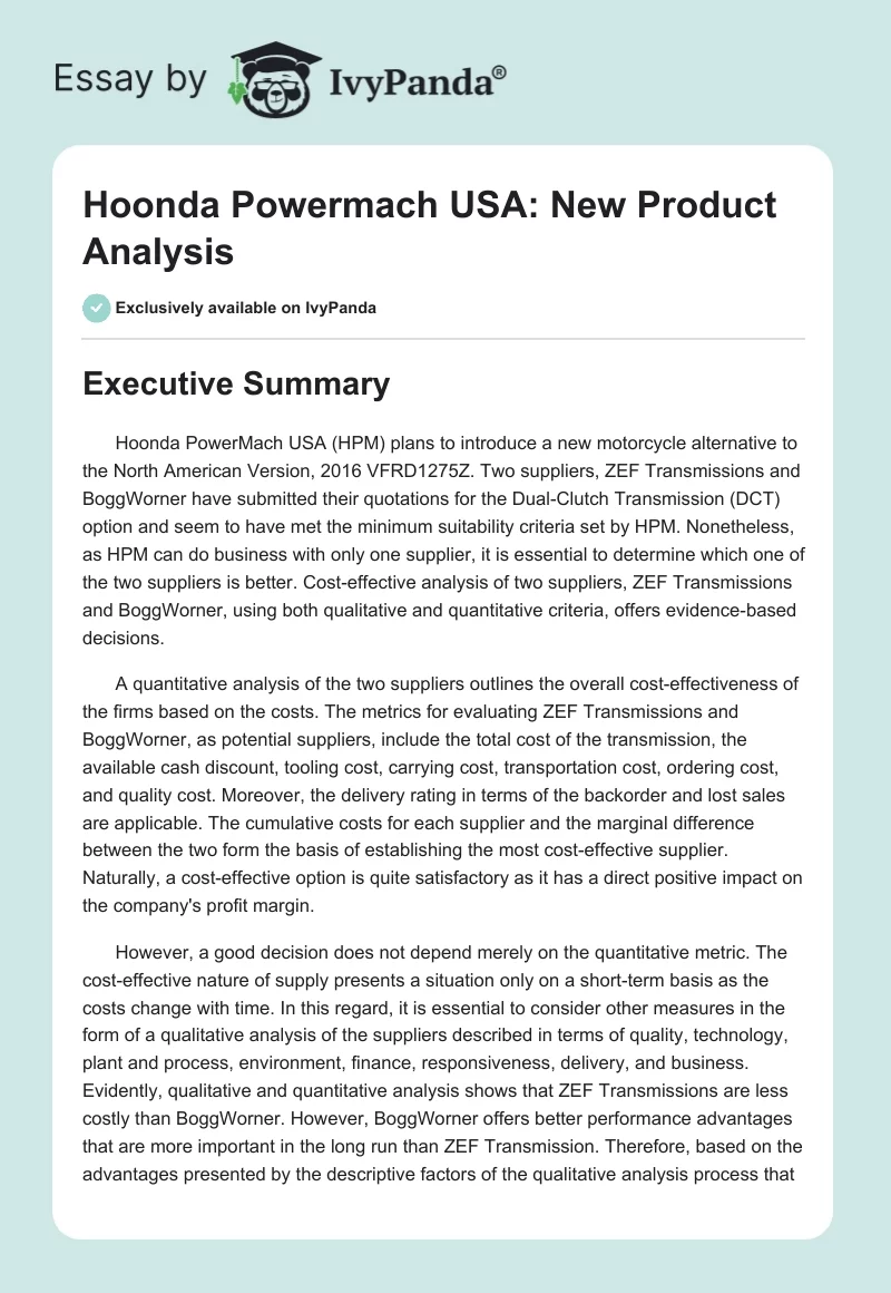 Hoonda Powermach USA: New Product Analysis. Page 1