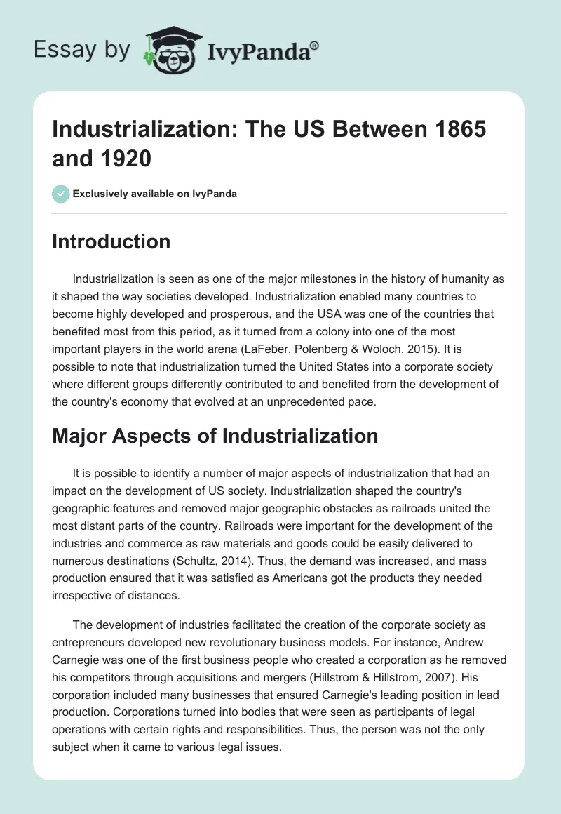 Industrialization: The US Between 1865 and 1920. Page 1