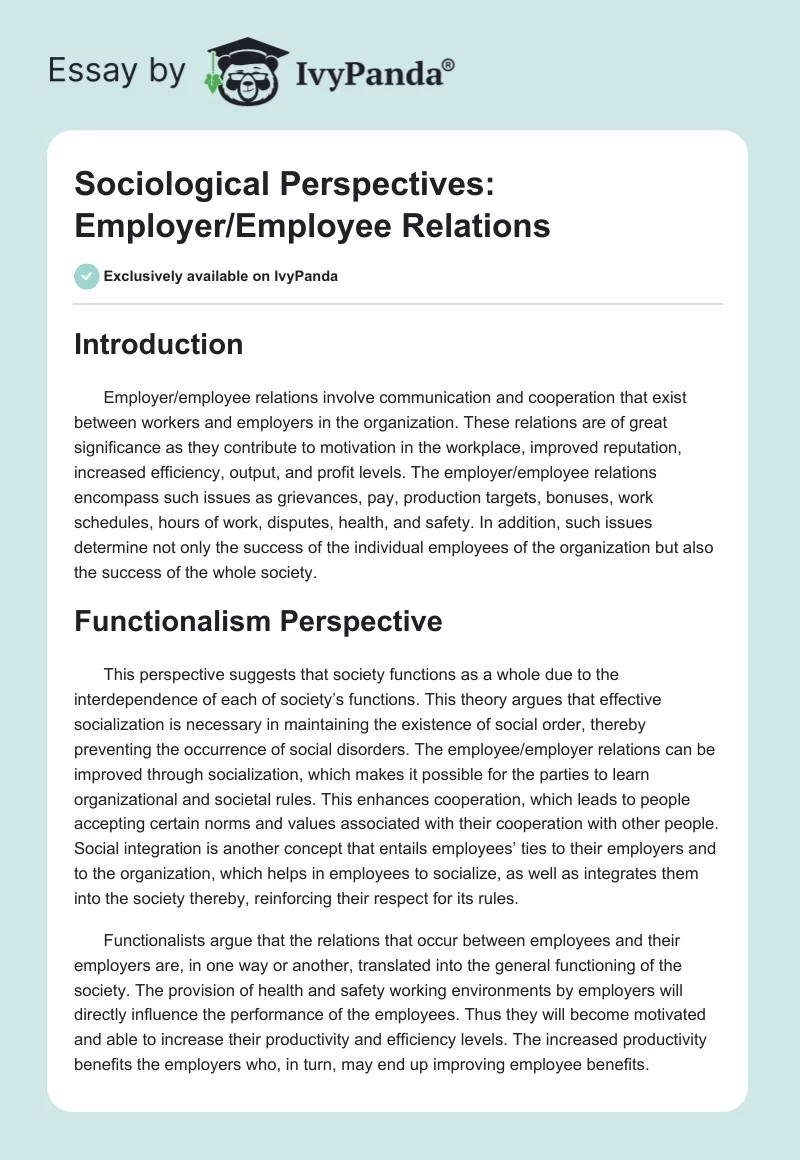 Sociological Perspectives: Employer/Employee Relations. Page 1