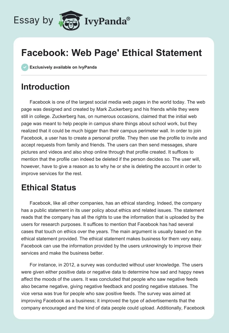 Facebook: Web Page' Ethical Statement. Page 1