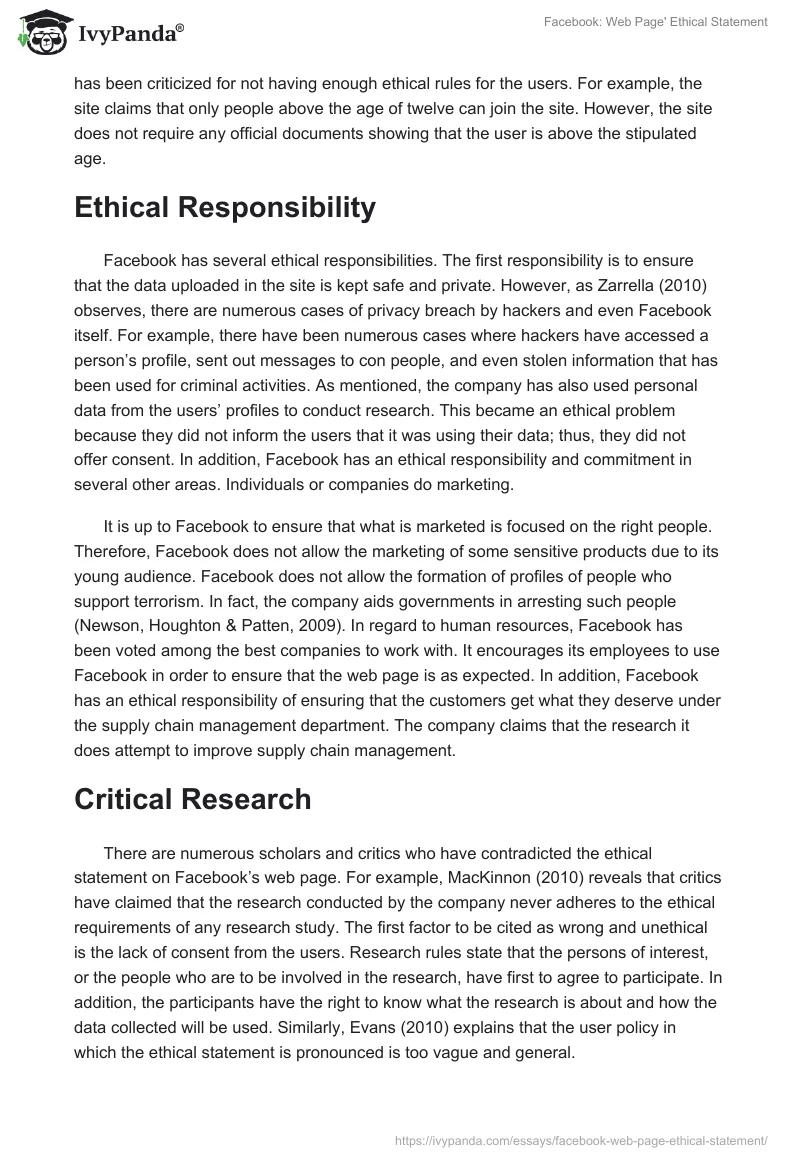 Facebook: Web Page' Ethical Statement. Page 2