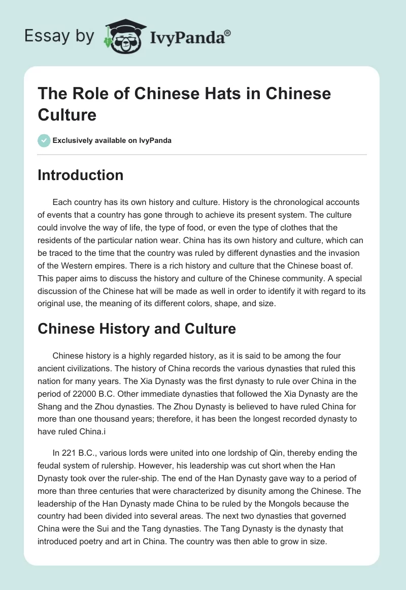 The Role of Chinese Hats in Chinese Culture. Page 1
