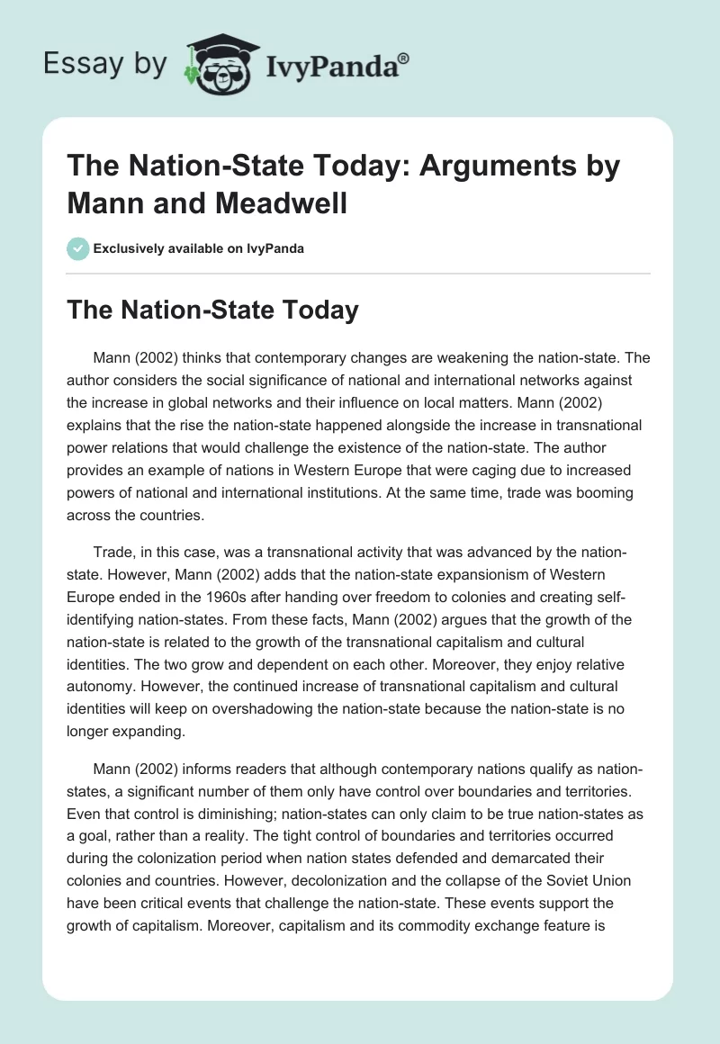 The Nation-State Today: Arguments by Mann and Meadwell. Page 1