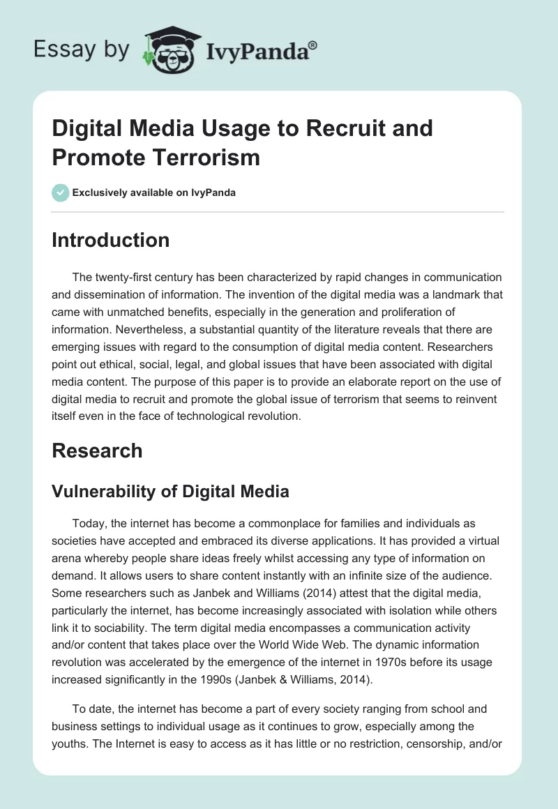 Digital Media Usage to Recruit and Promote Terrorism. Page 1
