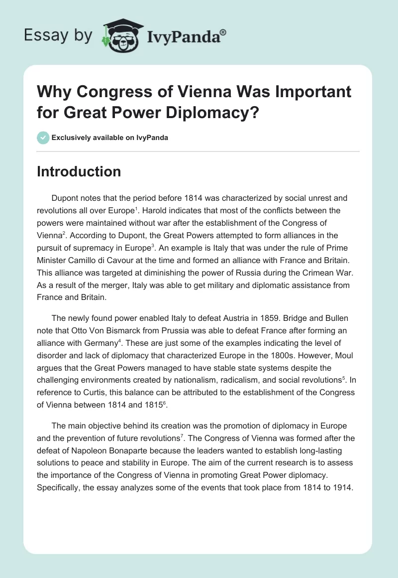 Why Congress of Vienna Was Important for Great Power Diplomacy?. Page 1
