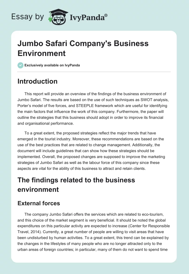 Jumbo Safari Company's Business Environment. Page 1