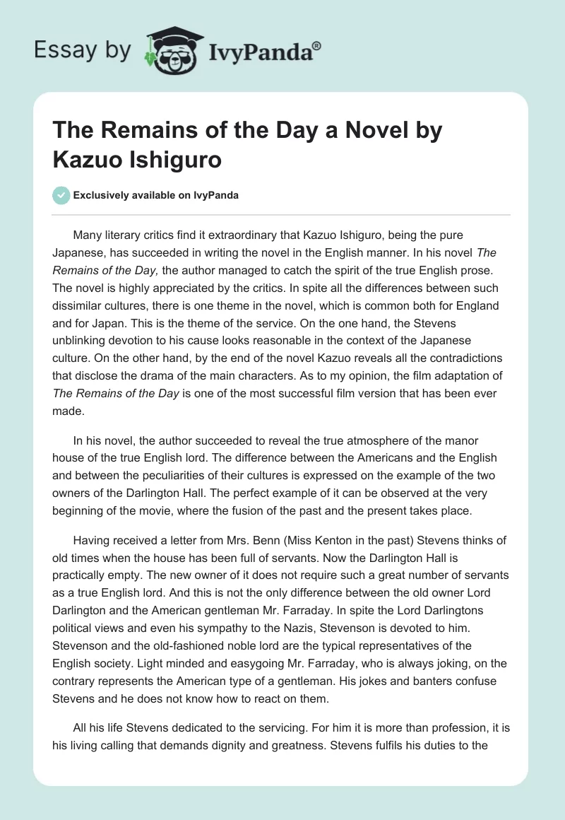 "The Remains of the Day" a Novel by Kazuo Ishiguro. Page 1