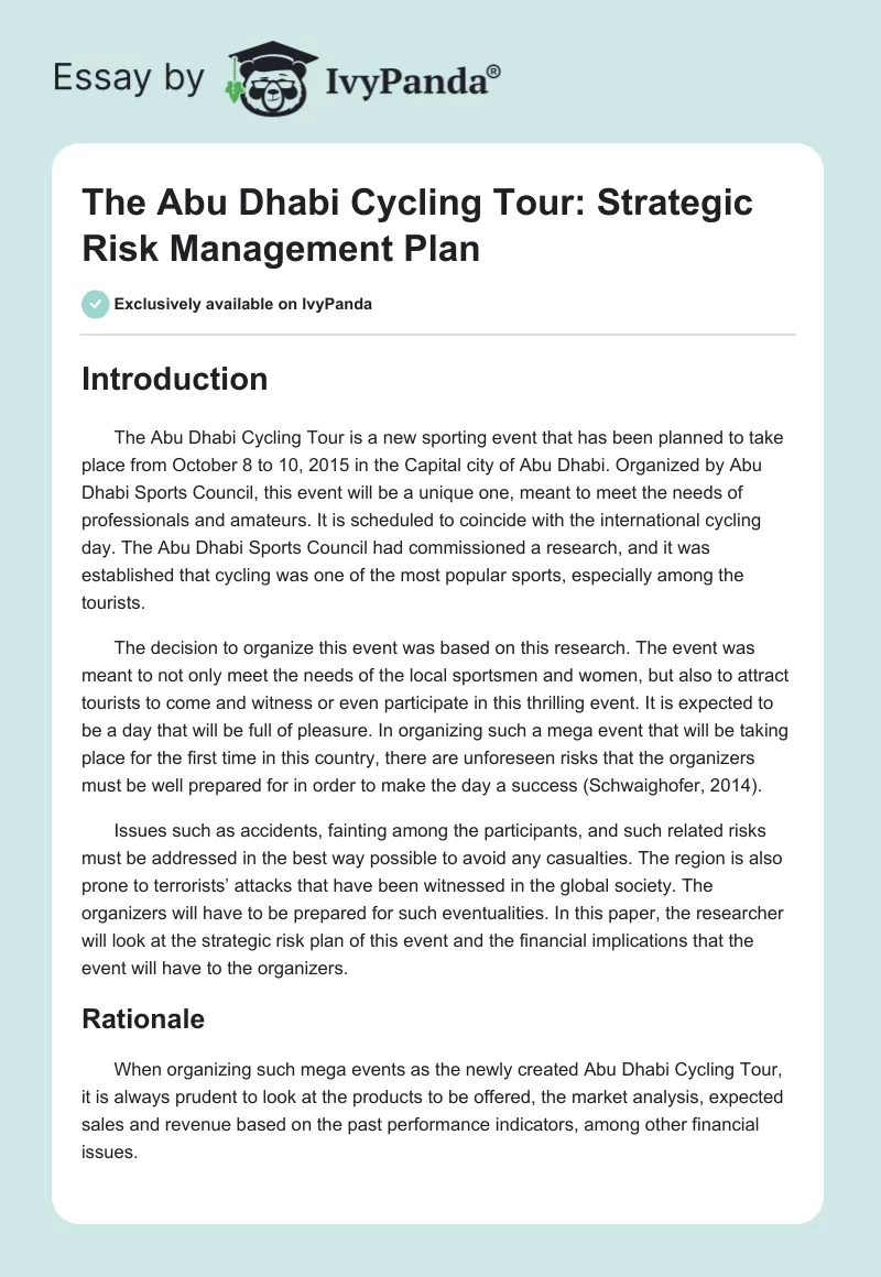The Abu Dhabi Cycling Tour: Strategic Risk Management Plan. Page 1