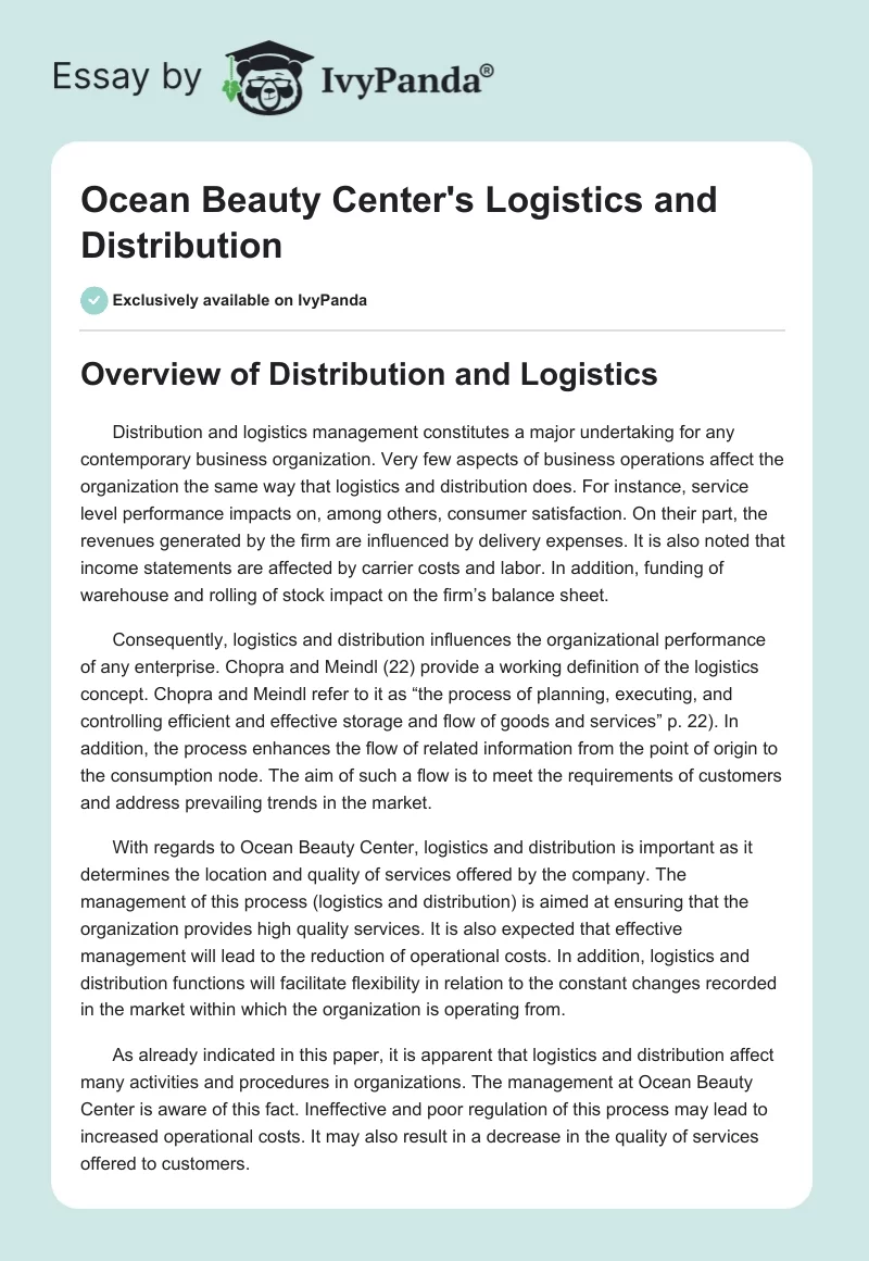 Ocean Beauty Center's Logistics and Distribution. Page 1