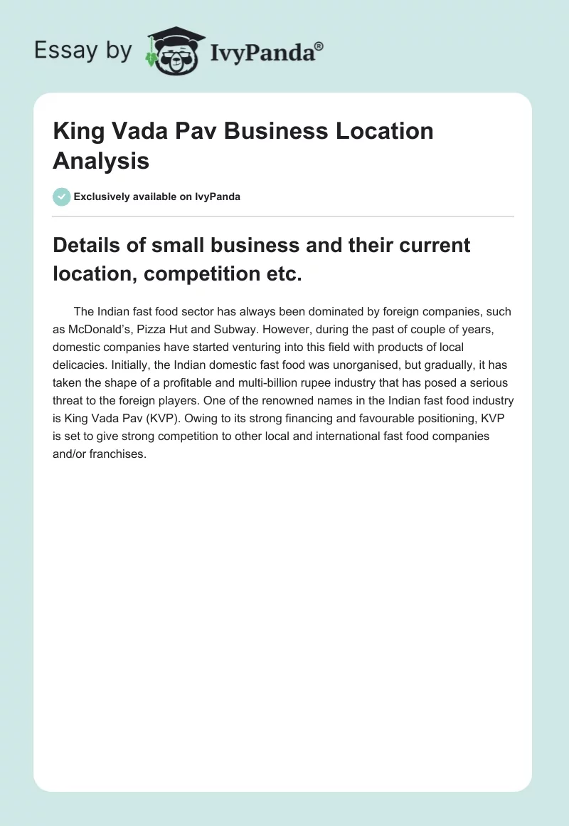 King Vada Pav Business Location Analysis. Page 1