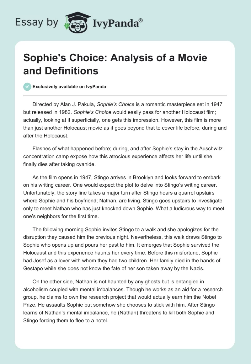 Sophie's Choice: Analysis of a Movie and Definitions. Page 1