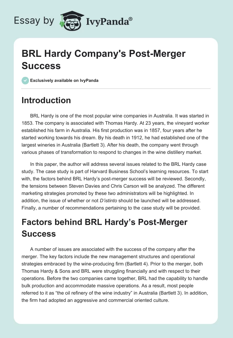 BRL Hardy Company's Post-Merger Success. Page 1