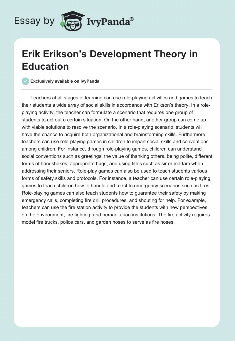Erik Erikson’s Development Theory in Education. Page 1