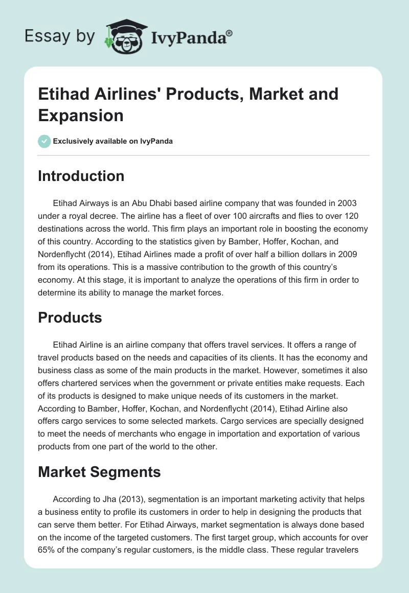 Etihad Airlines' Products, Market and Expansion. Page 1