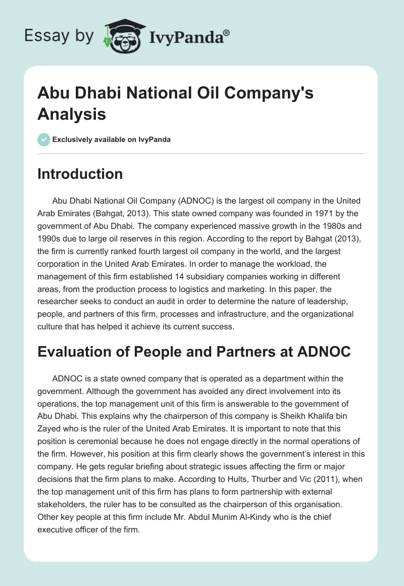 Abu Dhabi National Oil Company's Analysis. Page 1