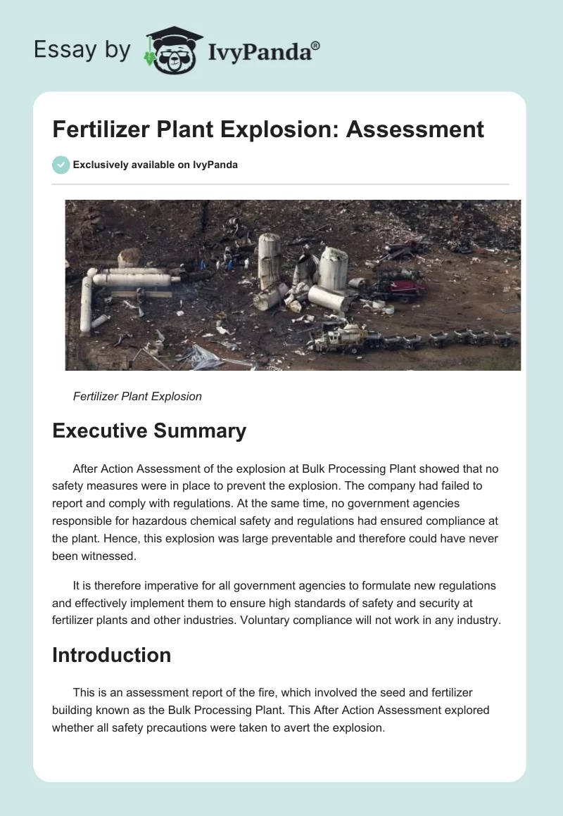 Fertilizer Plant Explosion: Assessment. Page 1
