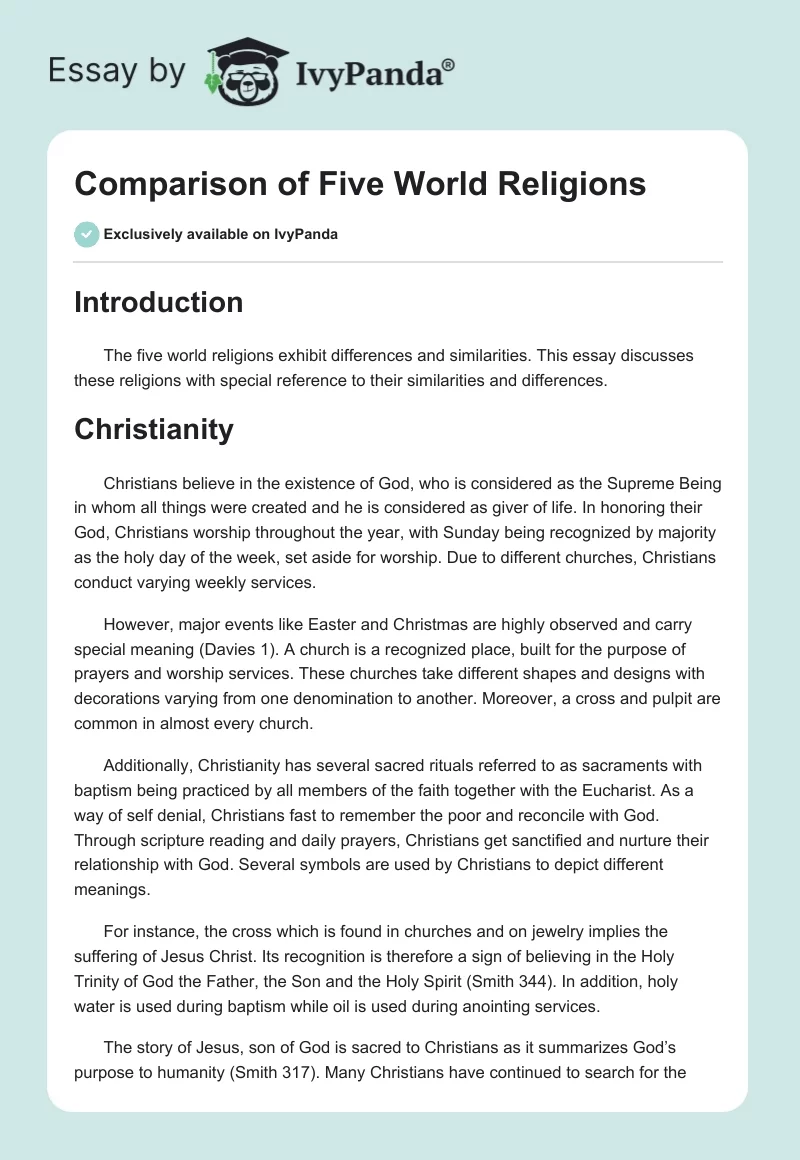 Comparison of Five World Religions. Page 1