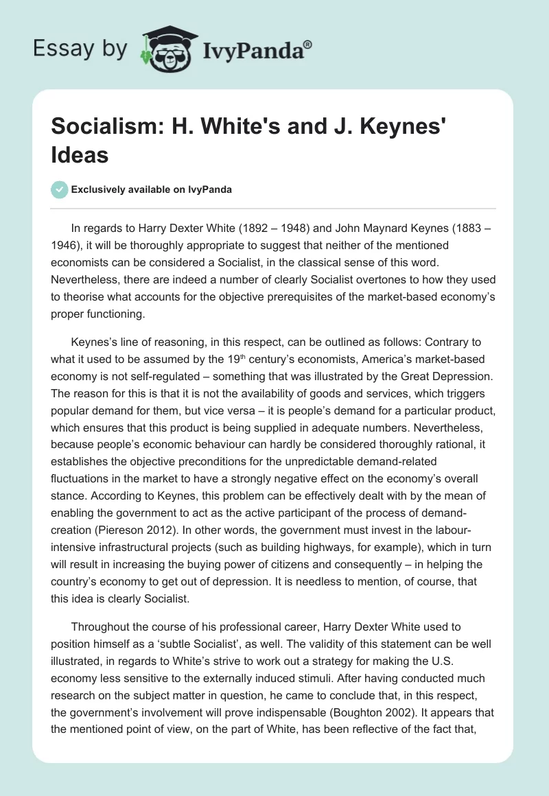 Socialism: H. White's and J. Keynes' Ideas. Page 1