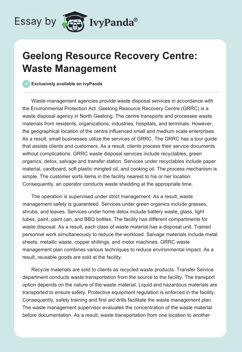 Geelong Resource Recovery Centre: Waste Management. Page 1