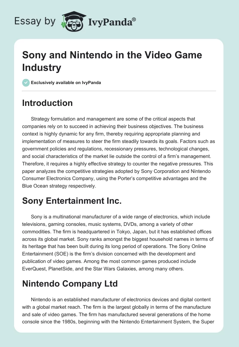 Sony and Nintendo in the Video Game Industry. Page 1