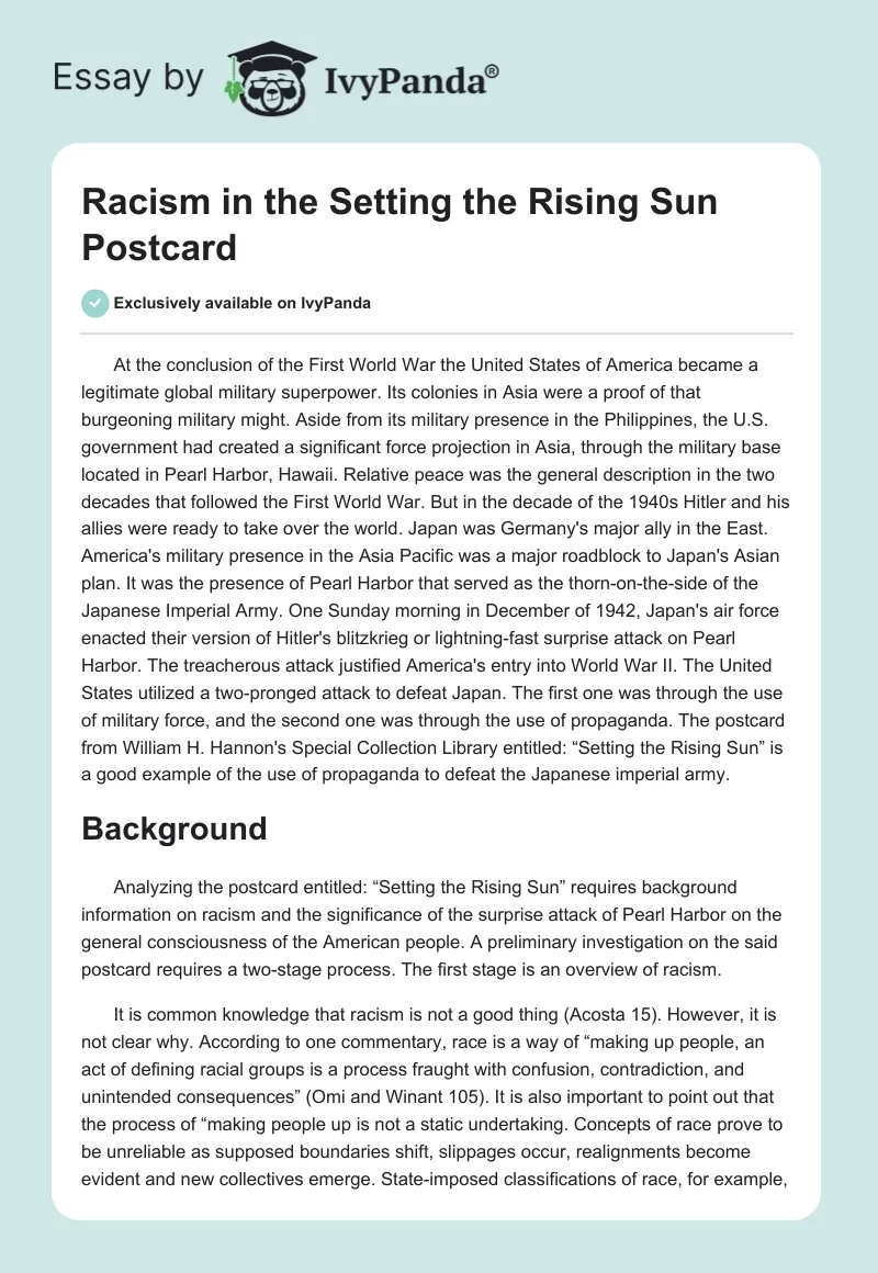 Racism in the Setting the Rising Sun Postcard. Page 1
