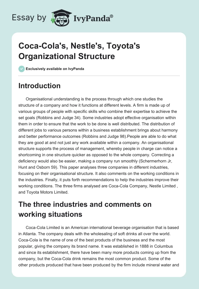 Coca-Cola's, Nestle's, Toyota's Organizational Structure. Page 1