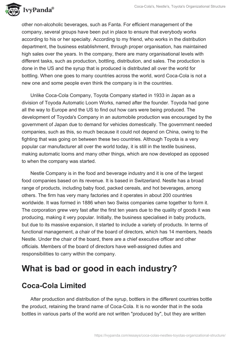 Coca-Cola's, Nestle's, Toyota's Organizational Structure. Page 2