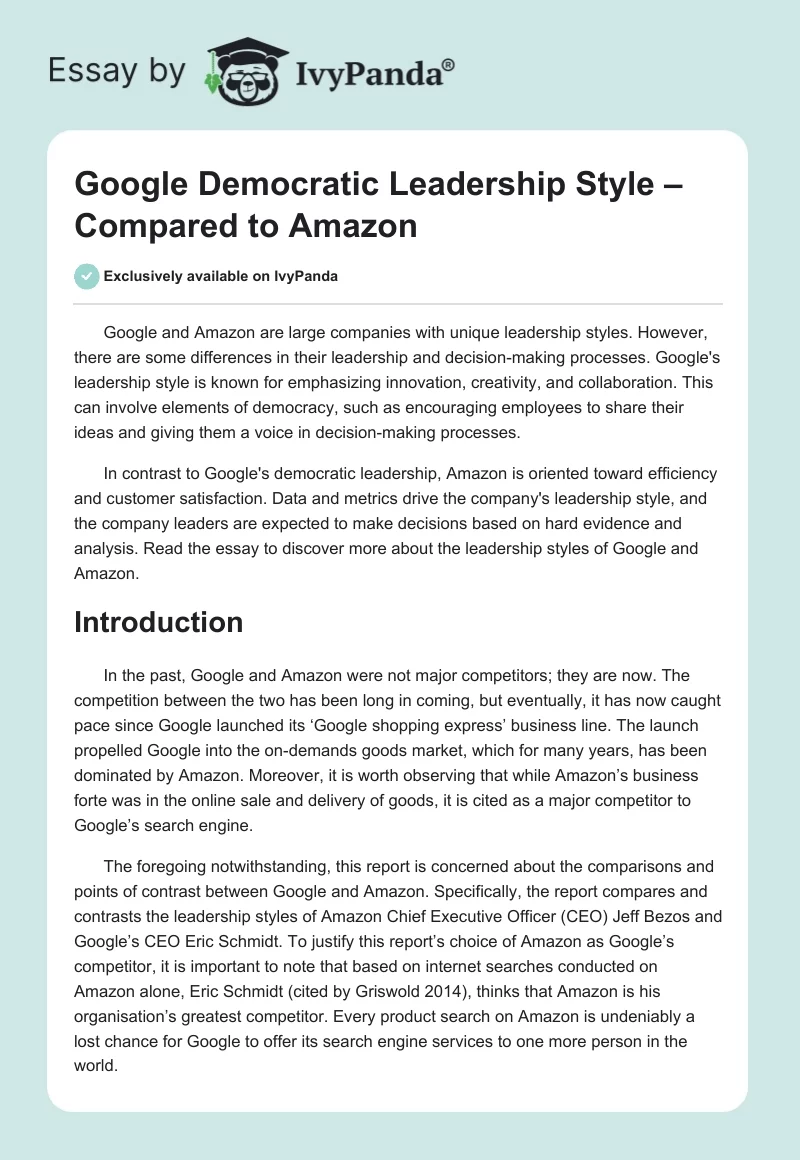 Google Democratic Leadership Style – Compared to Amazon. Page 1