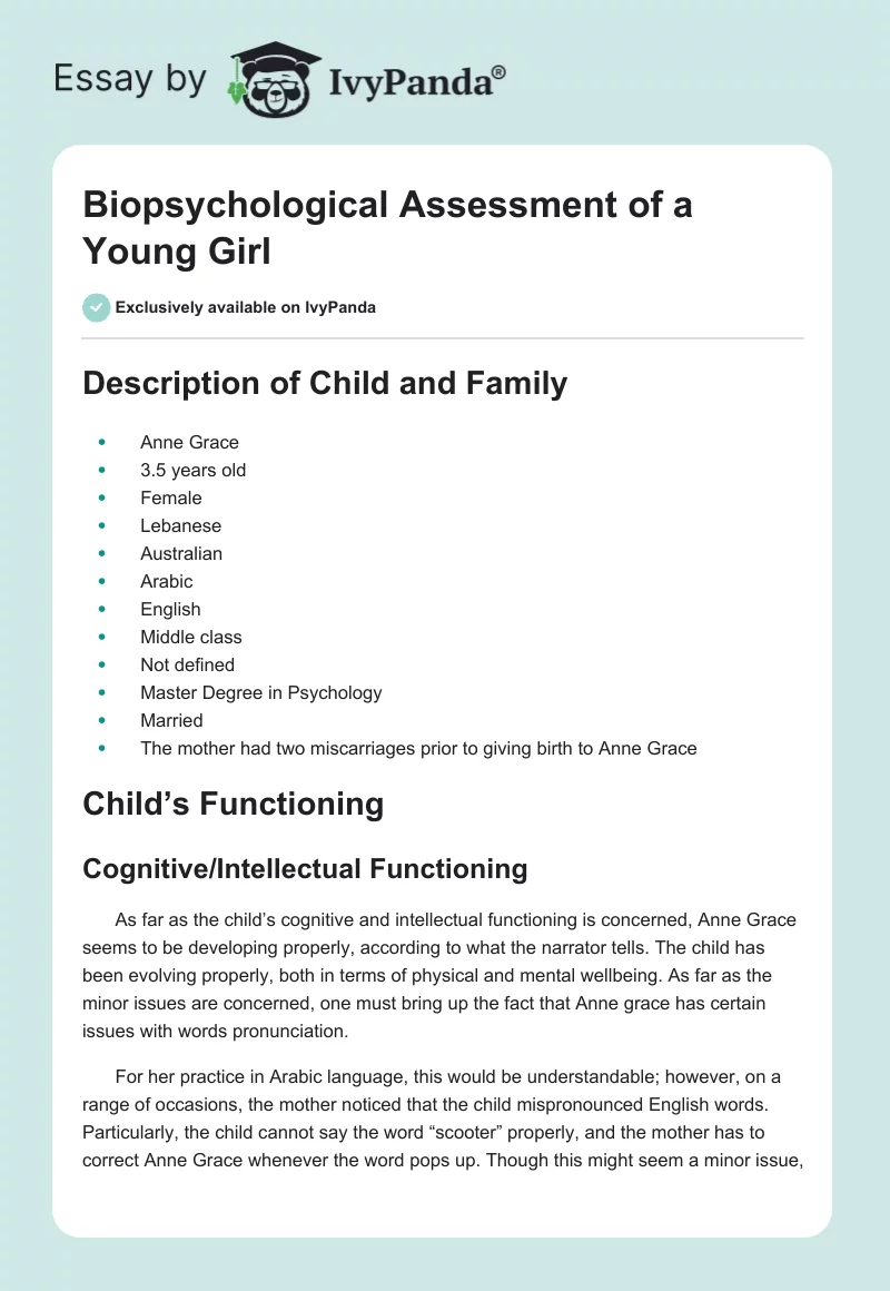 Biopsychological Assessment of a Young Girl. Page 1