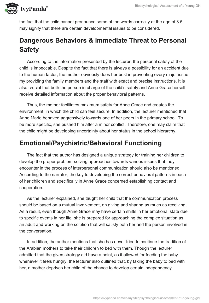 Biopsychological Assessment of a Young Girl. Page 2