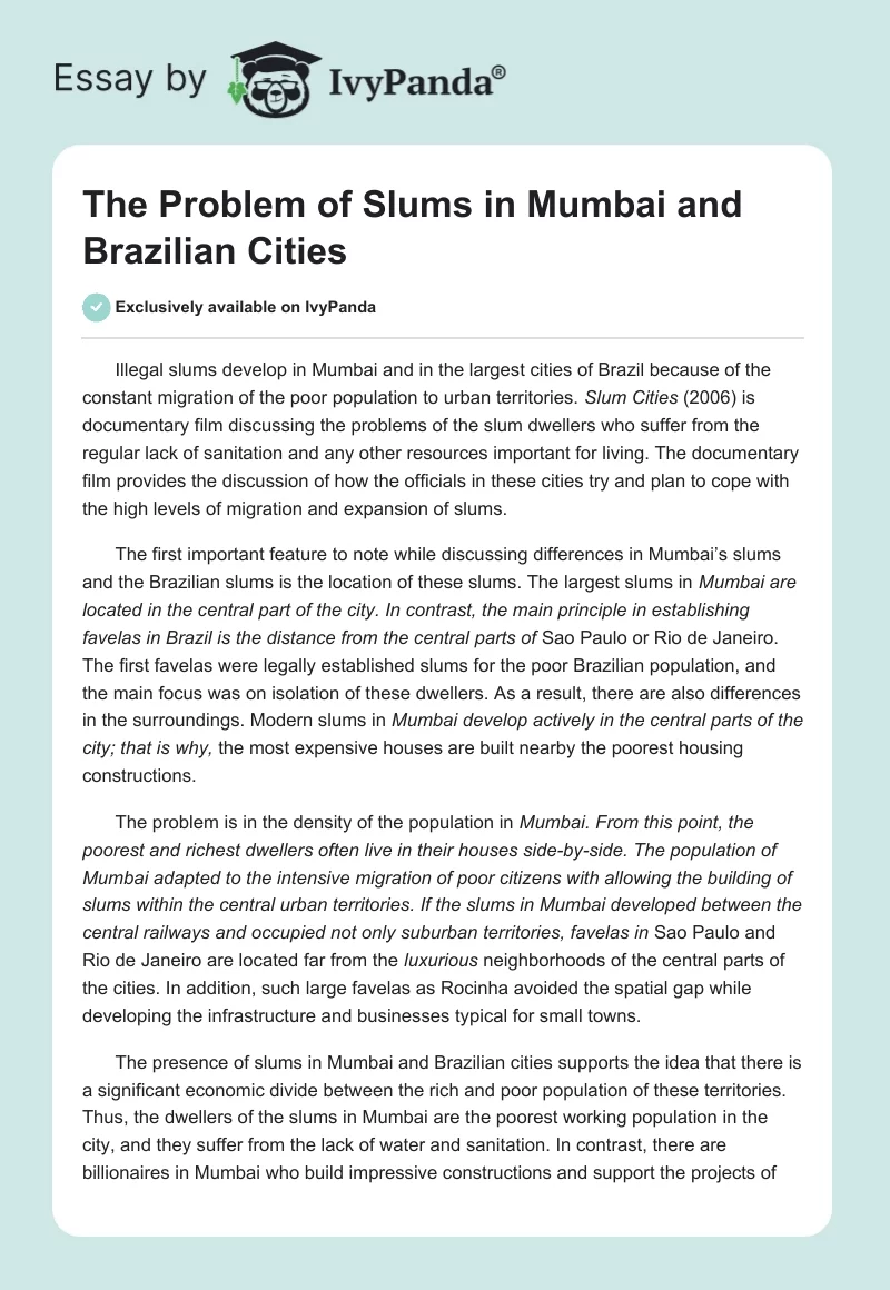The Problem of Slums in Mumbai and Brazilian Cities. Page 1