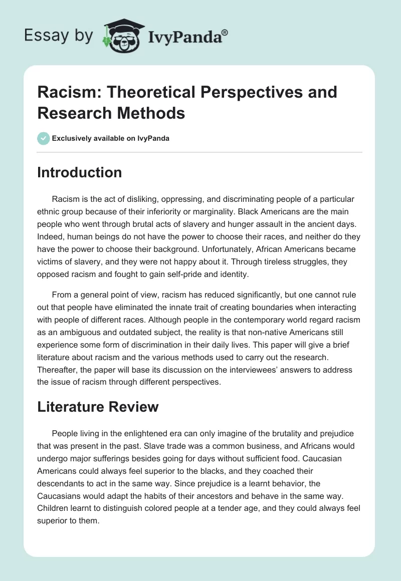 Racism: Theoretical Perspectives and Research Methods. Page 1