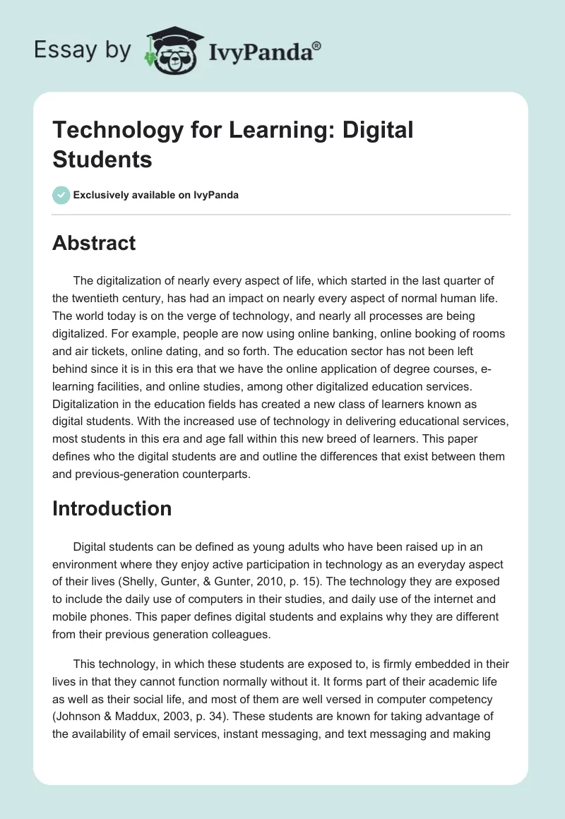 Technology for Learning: Digital Students. Page 1