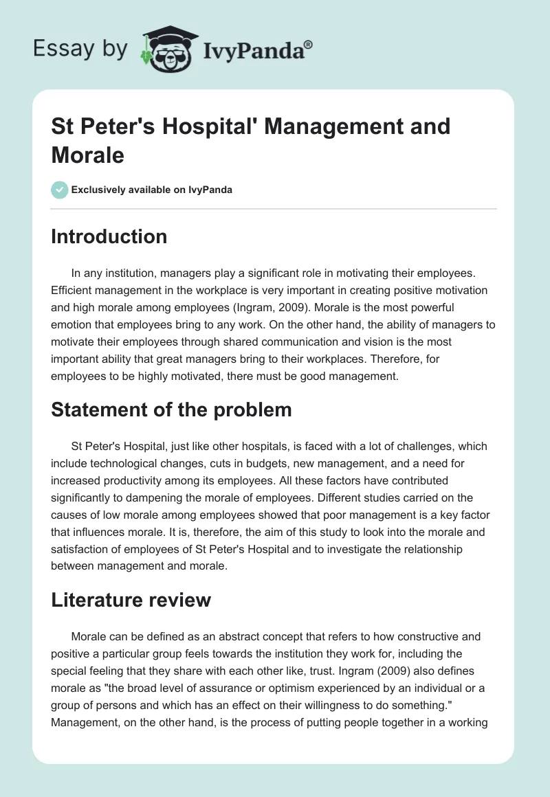 St Peter's Hospital' Management and Morale. Page 1