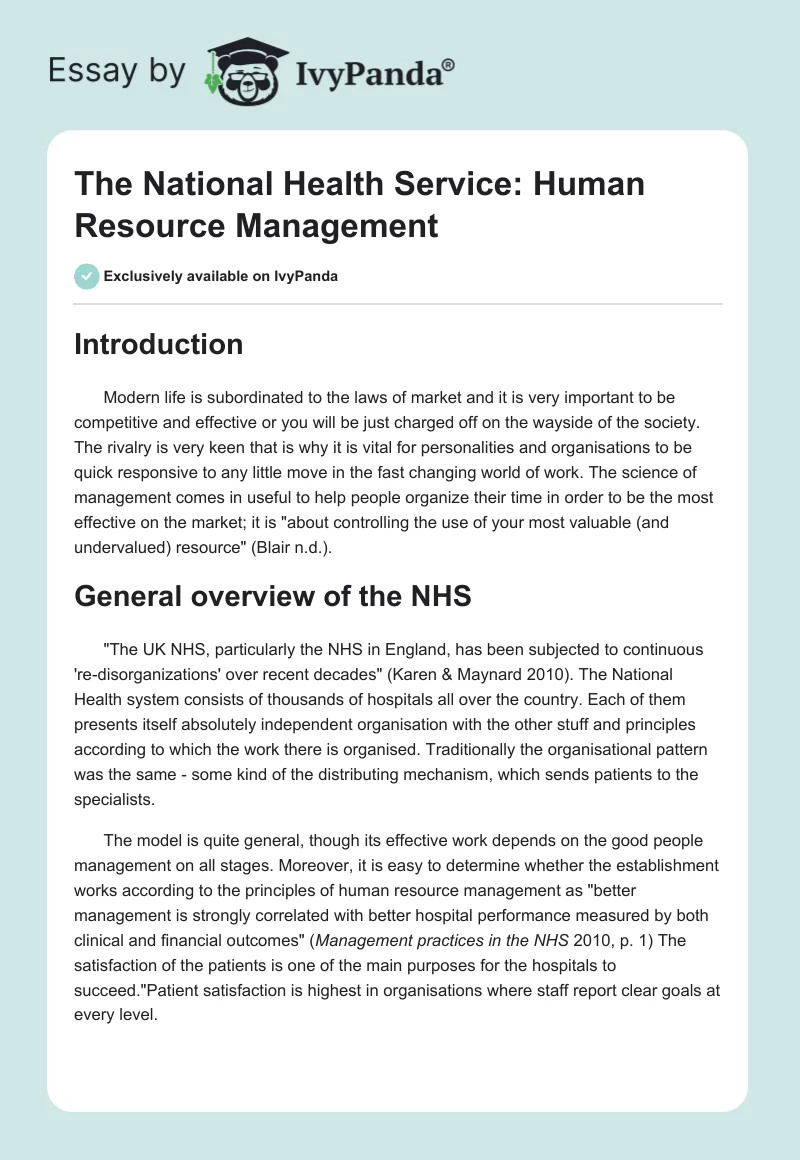 The National Health Service: Human Resource Management. Page 1