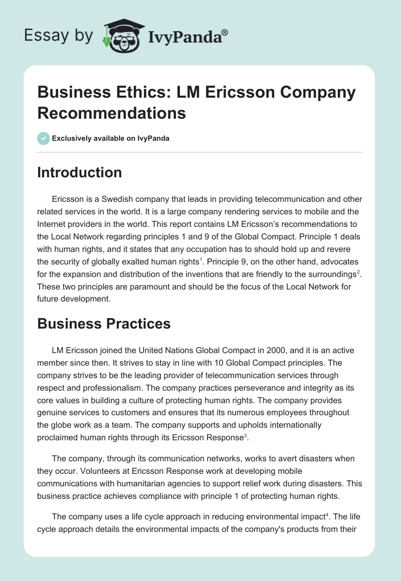 Business Ethics: LM Ericsson Company Recommendations. Page 1