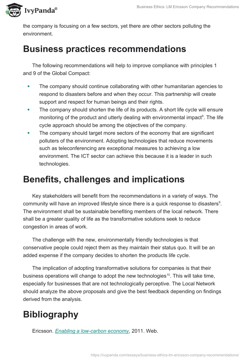 Business Ethics: LM Ericsson Company Recommendations. Page 3