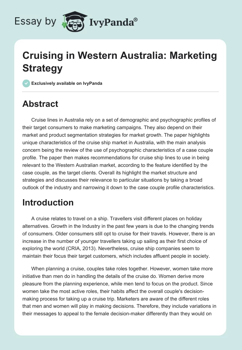Cruising in Western Australia: Marketing Strategy. Page 1