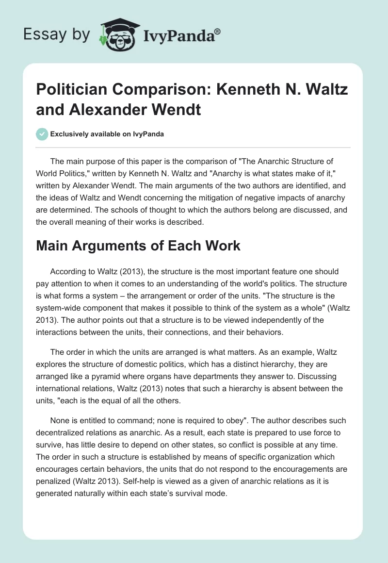 Politician Comparison: Kenneth N. Waltz and Alexander Wendt. Page 1