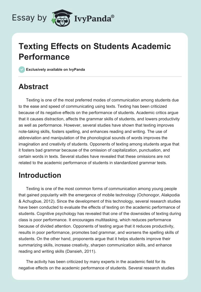 Texting Effects on Students Academic Performance. Page 1
