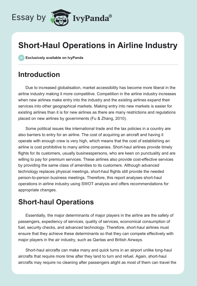 Short-Haul Operations in Airline Industry. Page 1