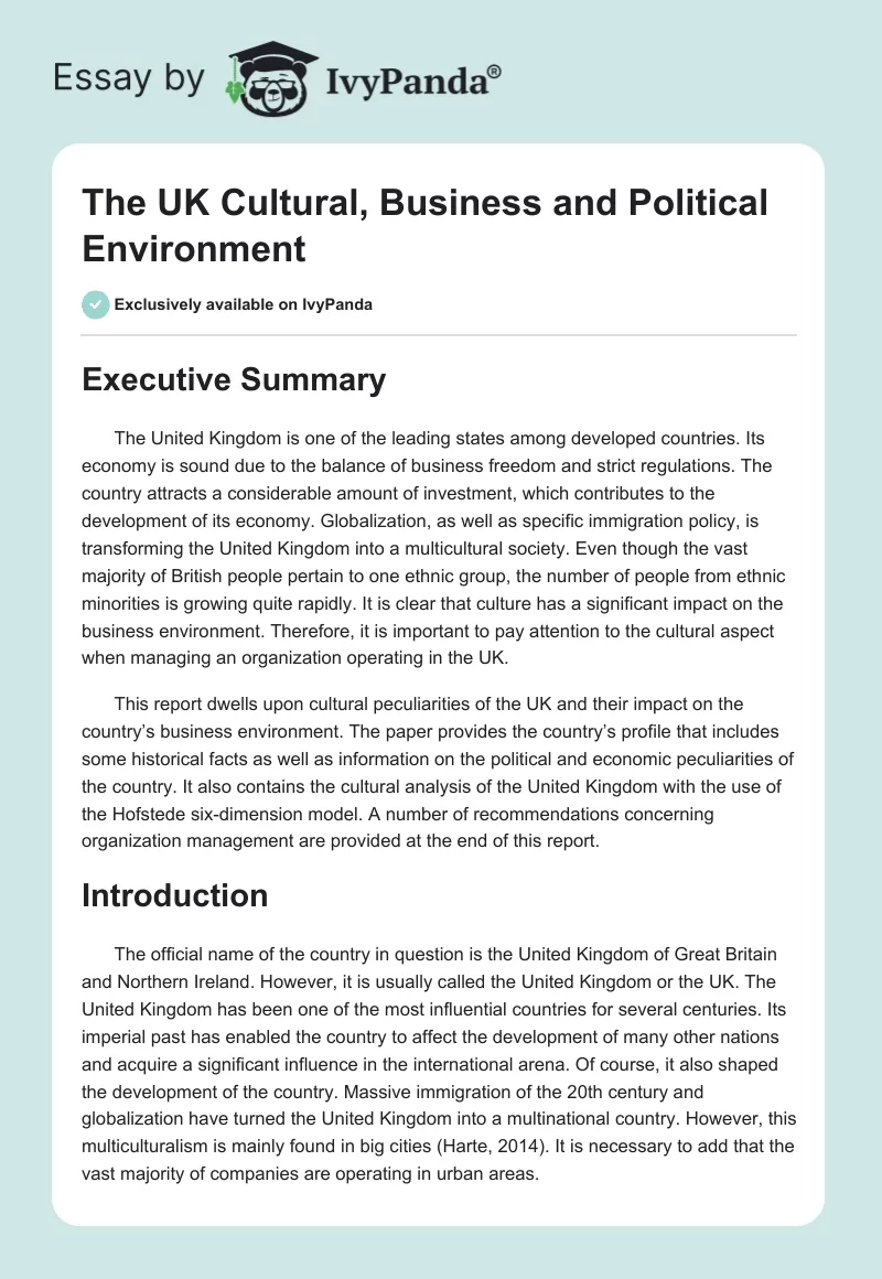 The UK Cultural, Business and Political Environment. Page 1