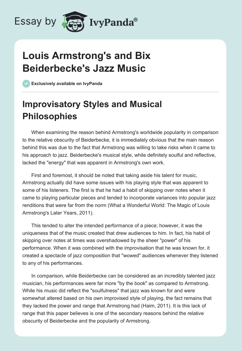 Louis Armstrong's and Bix Beiderbecke's Jazz Music. Page 1