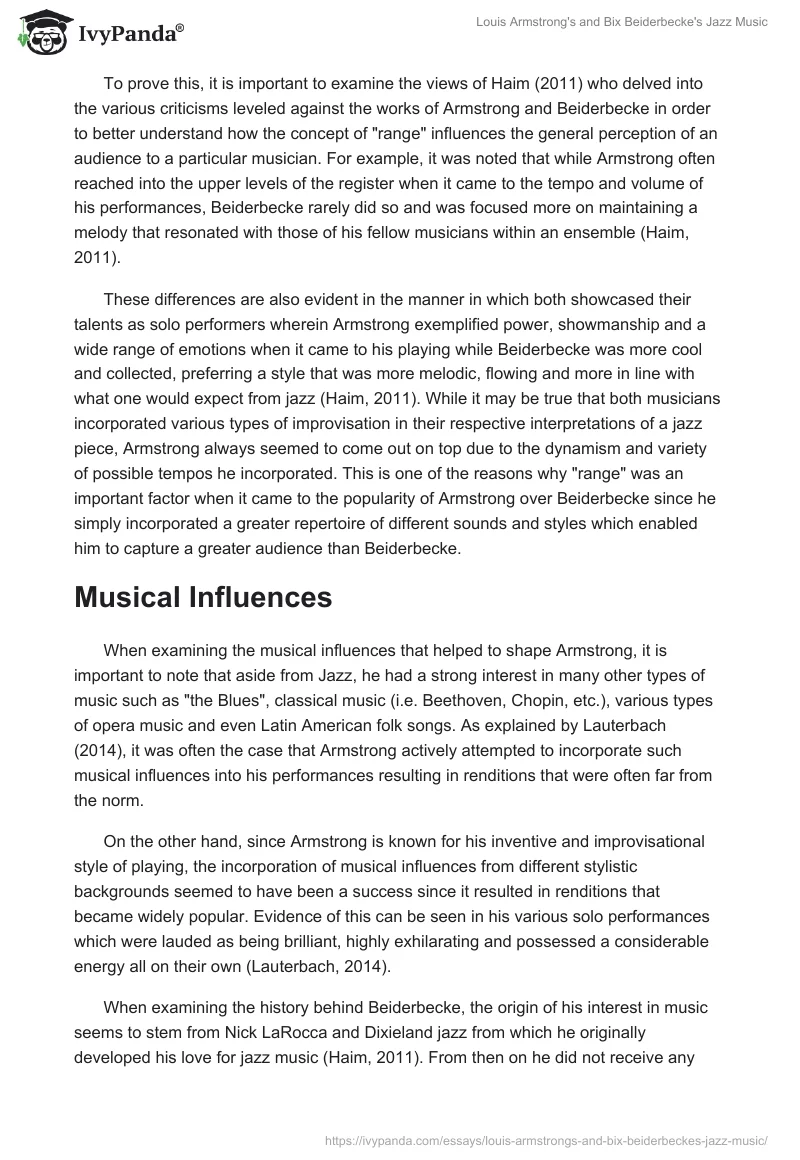 Louis Armstrong's and Bix Beiderbecke's Jazz Music - 1729 Words | Essay ...