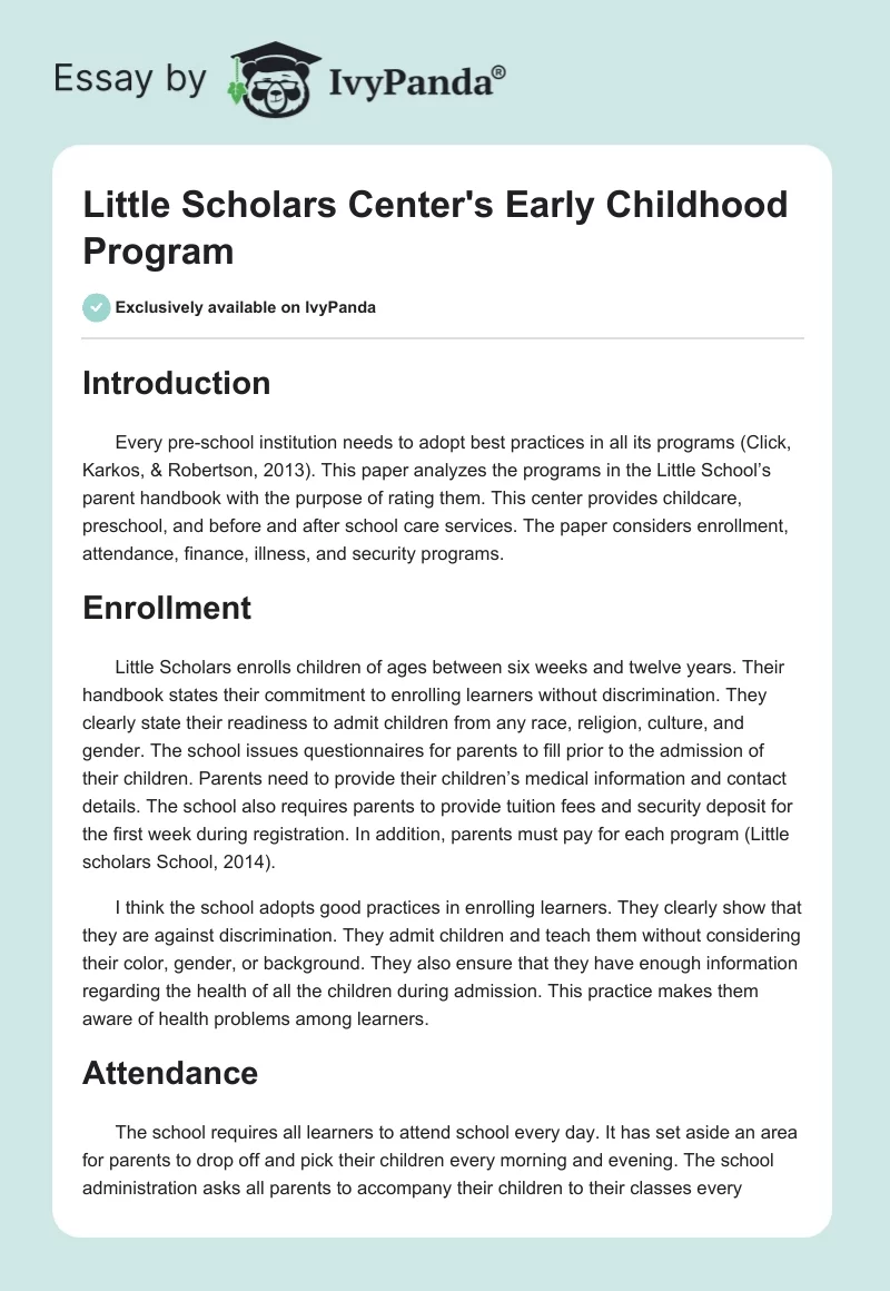 Little Scholars Center's Early Childhood Program. Page 1